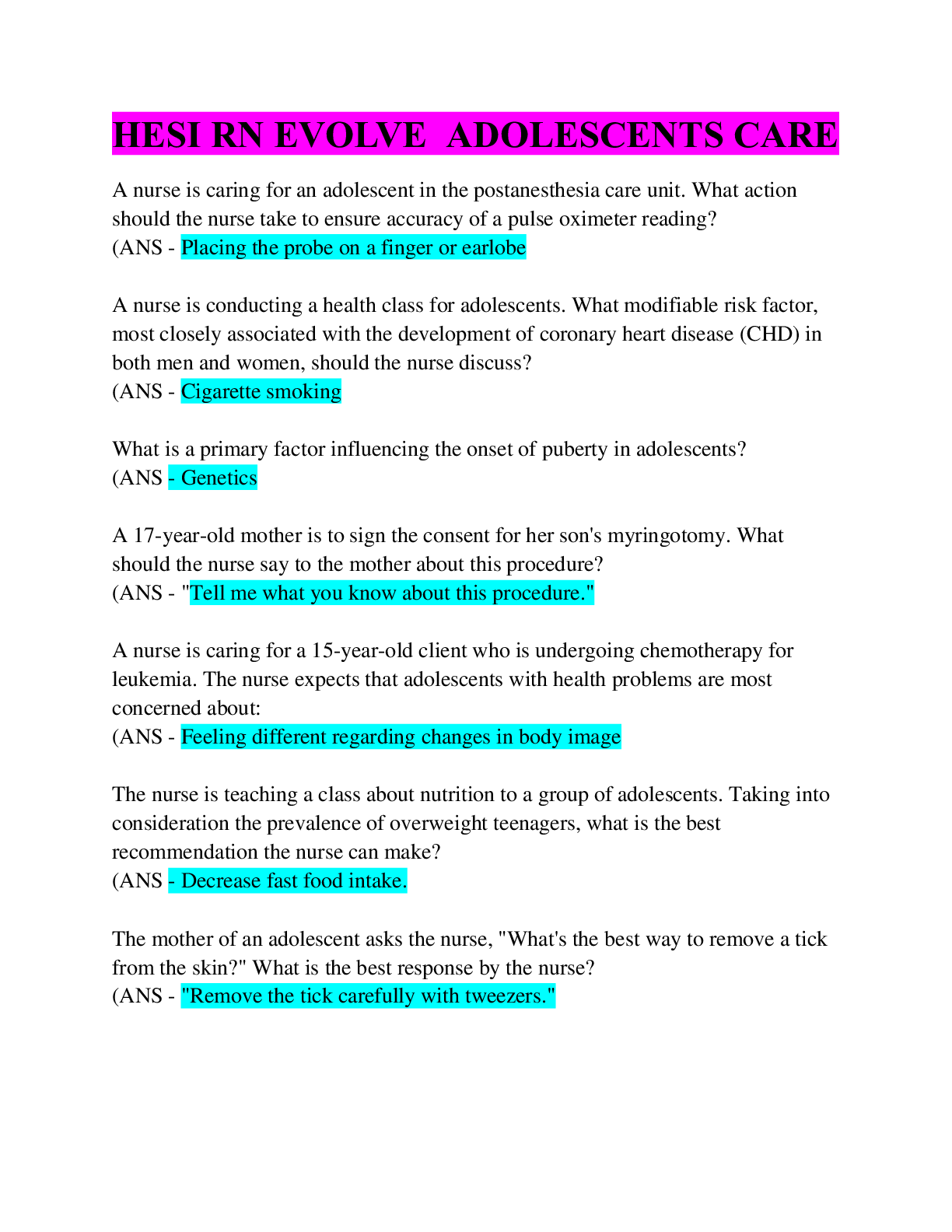 Preview image for HESI RN EVOLVE  ADOLESCENTS CARE/ Latest 2022 Complete Solution/ Q&A